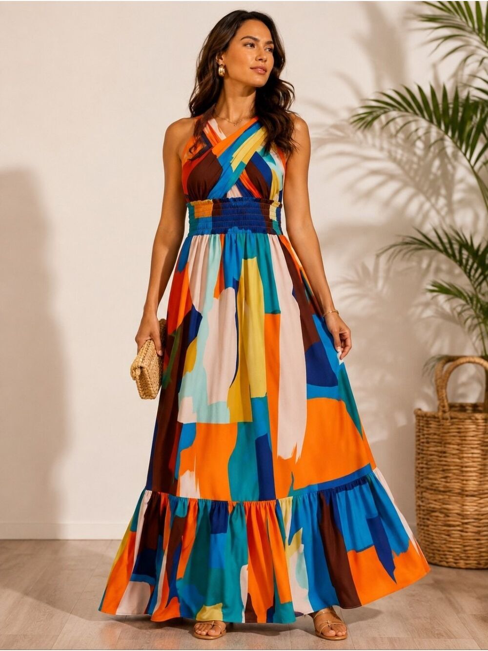 Collection by Cezele Abstract Colorblock Halter Maxi Dress Size L